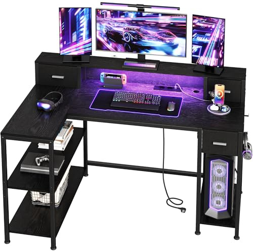 Hzuaneri Scrivania Angolare Computer, Tavolino Computer a Forma L, Con Luci LED, Ciabatta Elettrica, 132 x 80 cm, per Gaming, Computer, Ufficio, Studio, Nero CD43004XEU