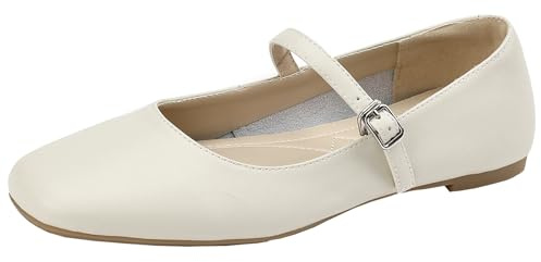 XIEPP läderpumps för kvinnor med platt klack kvadratiskt tåparti Mary Jane flatats med spänne, Beige, 36 EU