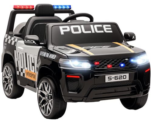 AIYAPLAY Coche Eléctrico para Niños de Policía, Coche de Batería 12V, con Motor Doble, Mando a Distancia 2,4 G, Suspensión en 4 Ruedas, Sirena, Faros LED, Puerto USB, Blutooth y Música, Negro