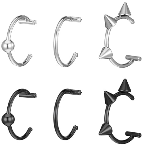 YEDPGUE 6 Pcs Orecchino Naso Trago Piercing Naso Cerchio Anello sul Labbro Piercing Naso Acciaio Setto Anello al Aaso in Acciaio Inossidabile ，Fake Piercing-Argento, Nero