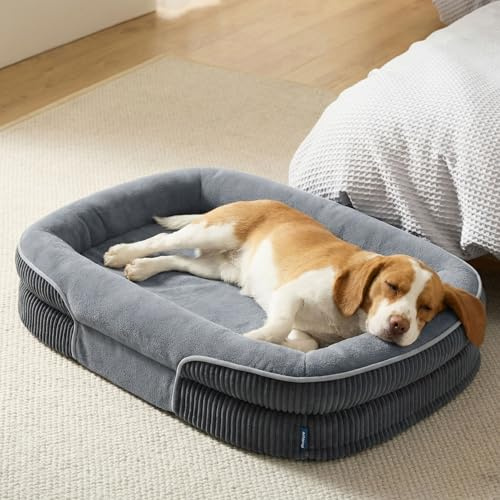 Bedsure Orthopedic Dog Bed Large, Oval Bolster Pet Bed, 89x64x18cm, Grey