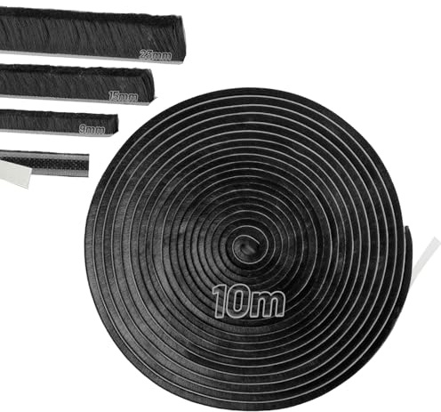 Hexizexi Junta de cepillo autoadhesiva, 10 m, 9 mm (ancho) x 15 mm (diámetro), cepillo de sellado, autoadhesivo, negro, para puertas, ventanas, armarios