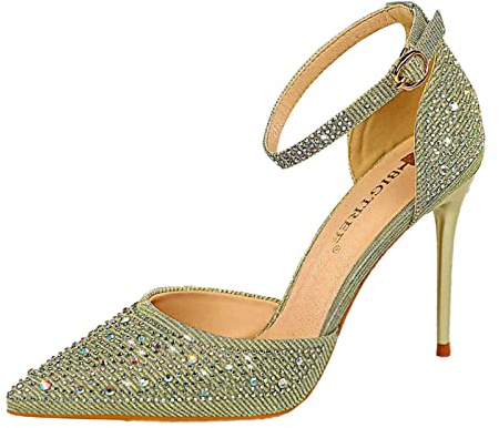 Glitterpumps dam eleganta höga klackar med strass ankelremmar klack skor glänsande brudskor spets kvällsskor stilettos bröllopsskor 12 cm klackhöjd högklackade skor