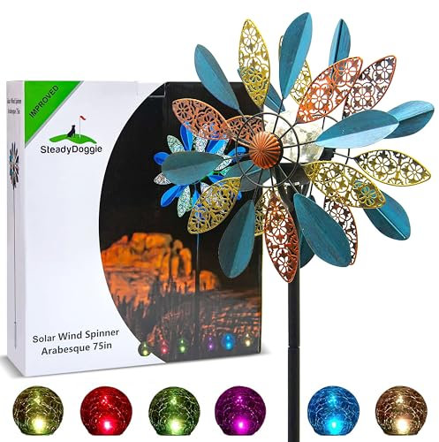 SteadyDoggie Solar Windspiel Garten Metall mit Solar - Windrad LED - Solarwindspiel Arabesque - 191 cm - Buntes Kinetisches Windspiel mit Solarbetriebener Glaskugel für Terrasse, Rasen, Garten