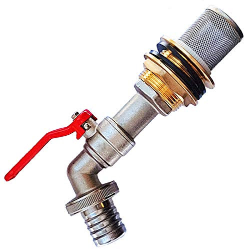 MegaHaustechnik Regentonnen Tank Fass Durchführung Verschraubung 3/4 AG x 1/2 Zoll IG aus Messing für Lochdurchmesser 27mm + Auslauf Ventil Hahn 1/2 + Filter + Schlauchtülle Außendurchmesser 13mm