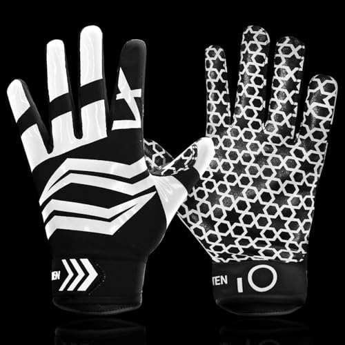FINGER TEN American Football Gloves Youth Kids Ultra Tack Sticky Non-Slip Palm Receivers, Rugby Gloves for Boys Girls Flexible Stretch Protection Fit Children Age 5-14 (Black, Small)