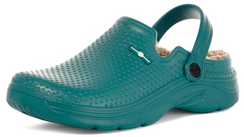 Womens Mens Fur Lined Clogs Waterproof Garden Shoes Winter Warm Fleece Lining Fuzzy House Home Slippers Indoor Outdoor Mules(Green, 10women/9men, 42 EU)