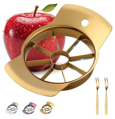 Fruit Slicer, QRU 304 Stainless Steel Fruit Cutter 8 Slices, Corer for Fruits & Vegetables, Ergonomic Handle Easy Grip Pears Divider, Sturdy and Sharp, Dishwasher Safe (Gold)