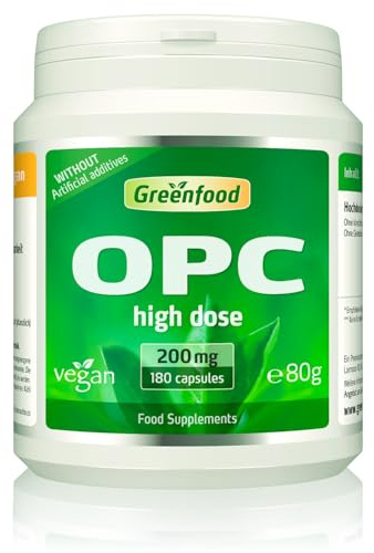 Greenfood OPC, 200 mg, Extra high dose, 180 Capsules - one of the Highest dosed Products on the Market. Without Artificial additives. Without Genetic Engineering. Vegan.