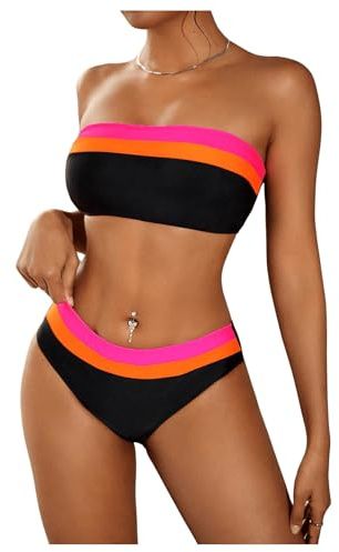 SweatyRocks Women's Bandeau Bikini Sets Strapless Tube Top Color Block Mid Waist Bathing Suits Swimwear Multicolor Medium