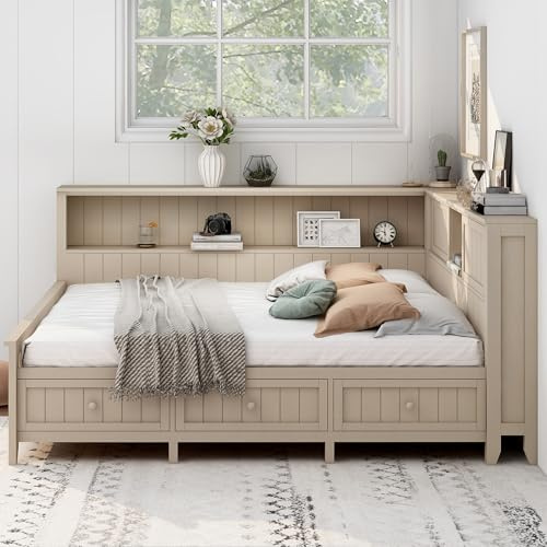 DNChuan Full Size Platform Bed with Drawers and L-Shaped Bookcase Headboard,Day Bed with Storage,Corner Unit Daybed Bed for Small Space,Kids,Adults,Girls-Antique White