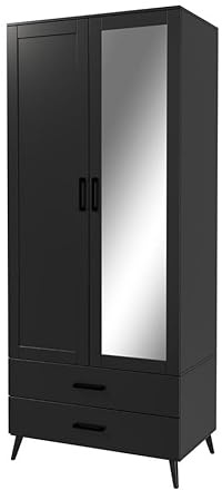 URBNLIVING 180cm Tall Black Freestanding Mirror Wardrobe with White 2 Door 2 Drawer Modern Shelf Clothes Storage Cupboards Unit for Bedroom Hanging Rail with Wooden legs