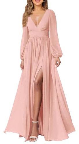Vestido de dama de honor de gasa con cuello en V y bolsillo formal de manga larga para boda, Roseta, 48