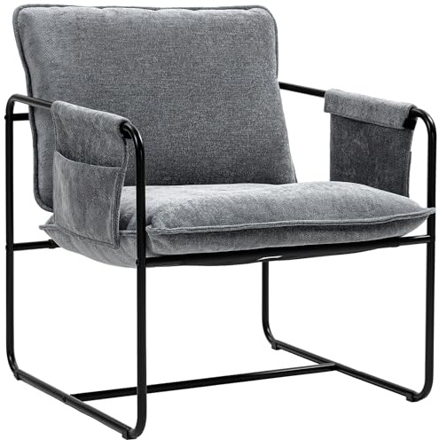 HOMCOM Modern Accent Chair, Chenille Armchair with Side Pockets and Steel Frame, Upholstered Reading Chair for Bedroom, Living Room, Grey