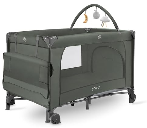 Momi Lettino da viaggio BELOVE PLUS 2 in 1, pieghevole, 2 posizioni per neonati fino a 9 kg e bambini fino a 15 kg, con materasso, arco con giocattoli, fasciatoio e borsa per il trasporto
