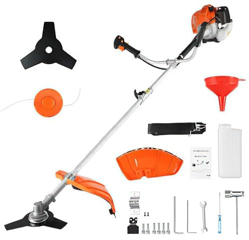 Débroussailleuse Thermique,62 cm³ - 2 Temps Débroussailleuse Essence, 2 en 1 Coupe-Bordure, avec Tête Double Fil et Lame 3 Dents, 2.5 KW,1.1 L Réservoir,Régulateur de Puissance (Orange)