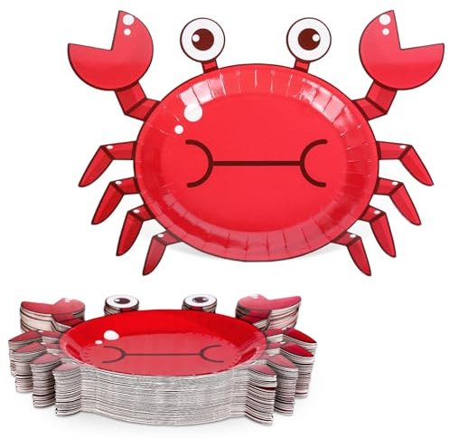 FYSUIMU 48 platos de papel de cangrejo, platos desechables con forma de cangrejo de dibujos animados rojos de 9 pulgadas, vajilla de fiesta de verano para cumpleaños, vacaciones, suministros de