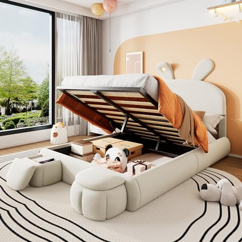 Letto imbottito 140 x 200 cm, letto per bambini con 2 sgabelli portaoggetti e illuminazione a LED, letto matrimoniale con vano portaoggetti idraulico, struttura letto per ragazze, letto per giovani