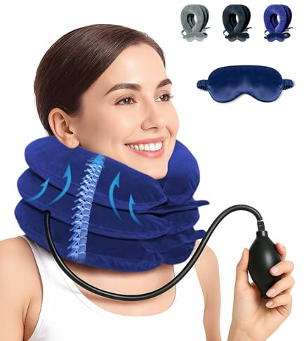 Estirador de cuello portátil inflable para estiramiento de la columna cervical, dispositivo de tracción cervical con bomba de aire, almohada ergonómica para el cuello y antifaz para dormir, soporte