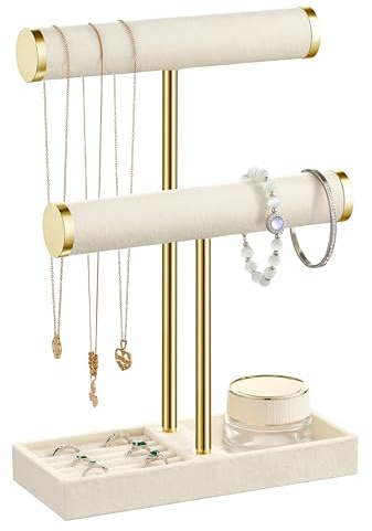 Josmimic 2 Tier Bracelet Holder Display - Detachable T Bar Beige Velvet Bracelet Holder, Jewelry Holder Organizer for Bracelet, Necklace, Watches, Rings