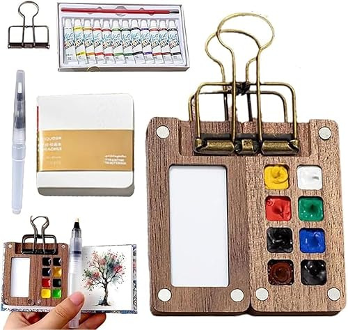 Tobios Watercolor Set, Mini Watercolor Paint Set, Pocket Artist Watercolor Travel Kit, Wooden Grid Paint Box with Palettes 12 Color Paints for Artists, Students, and Painters