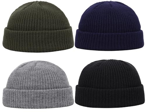 Fisherman Beanie Hat Men, Beanie Hats for Outdoor Activities and Urban Commuting, 4 Pack Knitted Caps in Light Gray Olive Green Navy Blue and Black, Woolen Hats Men for Winter Wear and Gift Sharing