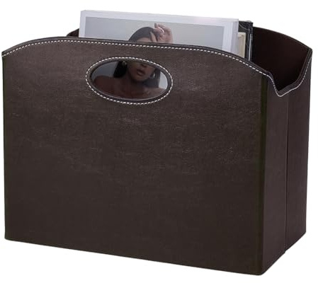 PH PandaHall Porte Revues en Cuir PU Porte Revues Pliable au Sol Étagère de Rangement pour Dossiers Panier de Rangement pour Livres pour Bureau Documents Maison Salon Table, Brun, 34.8x18.8x26.8cm