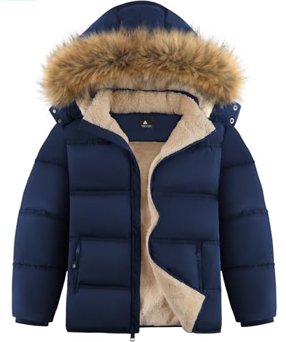 ZITY Boys Winter Coat Heavyweight Puffer Sherpa Fleece Lined Jackter Waterproof Zip Parka Outerwear with Fur Hood Aged 6-15