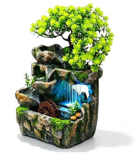 Inomhusfontän vattenfall, 18 x 15 x 30 cm, bordsfontän med LED- | Grön växtfontän med Feng Shui-hjul och tyst dränkbar pump, skrivbordsdekoration för vardagsrum, sovrum, kontor