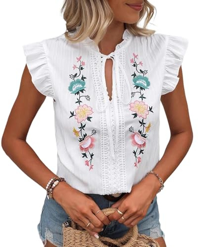 YRREATY Blusas con Bordados Florales para Mujer, Blusas Modernas con Mangas con Volantes y Lazo Frontal, Camisas Casuales con Cuello en V, Blusa Campesina M