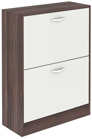 Vida Designs Shoe Cabinet, Wooden Shoe Storage Unit with 2 Pull-Down Drawers, Multifunctional Dust-Proof Space-Saving Slim Cupboard for Hallway or Entryway (Walnut & White)