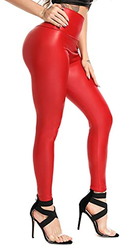 RIOJOY Faux Leather Leggings for Women Wet Look Full Length High Waist Leather Trousers Red