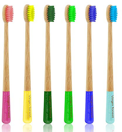 Bambus Zahnbürste, 6 Stück Handzahnbürste mit Mittelharten Borsten, Biologisch Abbaubare Holzzahnbürste, Bambuszahnbürste mit Anti-Schimmel-Gri