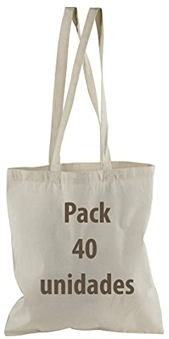 Bolsa Tela 100% Algodón Biodegradable,Lavable,Reutilizable-Asas Largas de 75 cm.Ropa,Manualidades,Alimentos,Verduras, ir de compras,Medidas 38x42cm,Densidad 145gr/m2,Natural (Pack 40 pcs)