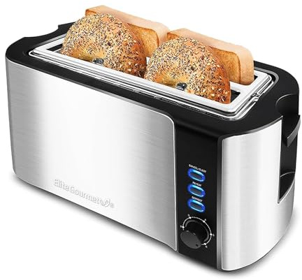 Elite Gourmet ECT-3100# Long Slot 4 Slice Toaster, Reheat, 6 Toast Settings, Defrost, Cancel Functions, Built-in Warming Rack, Extra Wide Slots for Bagels Waffles, Stainless Steel & Black