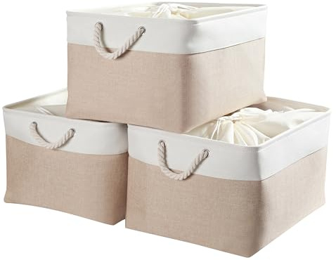 Mangata Panier Rangement, Boite de Rangement Tissu Grand rectangulaire Dressing avec poignée pour Jouets, Armoire (Set of 3, XL, Kaki Clair Blanc)