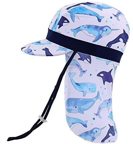 MK MATT KEELY Schirmmütze Kinder UV Schutz 50+ 1-10 Jahre Mädchen Jungen Elastische Sonnenhut mit Nackenschutz,Weißer Delphin