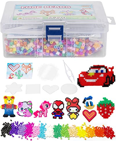 Bügelperlen Set in Organizerbox,3000 bunten Midi Bastelperlen mit Durchmesser 5 mm & Große Stiftplatten 4er Set für in Volltonfarben Mix, kreativer Bastelspaß für Groß und Klein