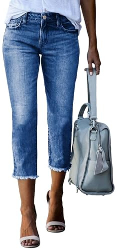 Sidefeel Women's Capri Jeans Trendy 2025 High Waisted Stretchy Straight Leg Raw Hem Capri Pants Sky Blue Size 14