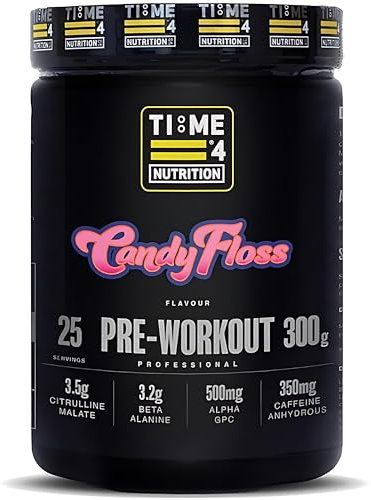 Time 4 Pre Workout Professional High Strength Vegan Pre Workout Powder for Men & Women Energy Drink Zero Sugar with L Citrulline Malate, Beta Alanine, L-Tyrosine, Alpha GPC, Theacrine (Candyfloss)
