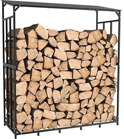 unho Abri Bûche Extérieur Bois Jardin: Rangement Bois de Chauffage 176x60x156cm Étagère en Métal pour Cheminée Noir Porte Bûches Intérieur