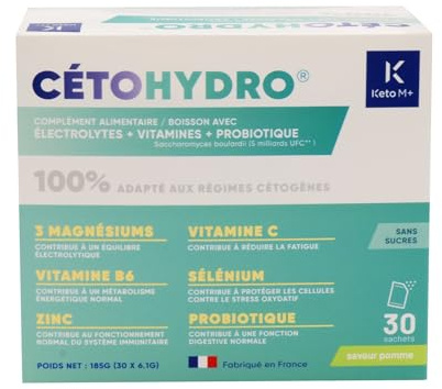 CETOHYDRO – Boisson Électrolyte Cétogène Sans Sucre Pomme – Magnésium, Potassium, Zinc & Probiotique – Hydratation intensive pour régime keto & sport - 30 sachets