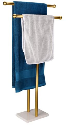 WAYDELI Standing Towel Rack Double-T Shape Tall Bath Towel Sheet Holder with Marble Design Base for Bathroom 2 Tier Towel Holder Stand Stainless Steel (Brushed Gold)