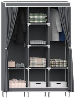 O91 Armario Ropero de Tela Triple con Cortinas Correderas Blanco/Gris 118x45x169cm