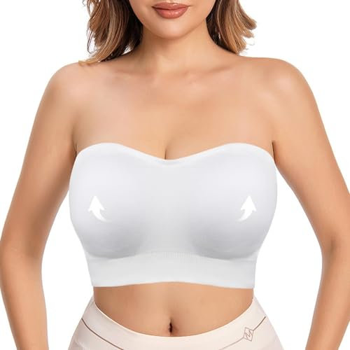 Runmeihe Women's Strapless Bras with Convertible Straps, Seamless Bandeau Underwire Bralette, Non Padded Tube Top Bra for Bigger Bust. (UK, Alpha, L, Regular, Regular, White)