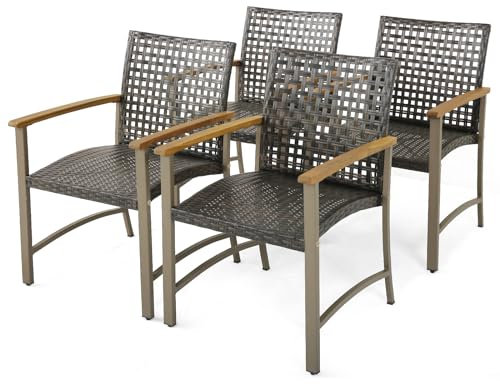 GIANTEX 4er Set Gartenstuhl Garten Essstuhl PE-Rattan, Rattanstuhl Balkonstuhl mit Akazienholz-Armlehnen & Metallgestell, Terrassenstuhl bis 180 kg belastbar, Gartensessel Sessel Stuhl 64 x 65 x 88 cm