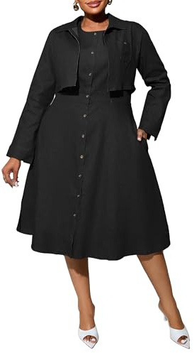 VERWIN Vestido de mezclilla de dos piezas de talla grande con chaquetas, vestido midi con botones para fiesta, manga larga, vestido camisero, Negro -, 3XL Extra amplio