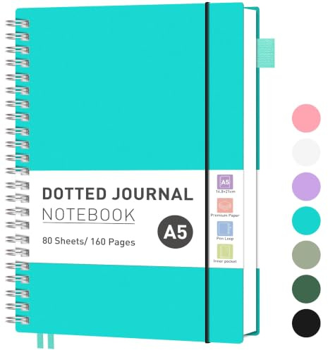RETTACY A5 Spiral Notebook, Dotted Journal, 160 Pages, Turquoise | Flexible Plastic Cover Notepad, 100 GSM Thick Bullet Paper, for Women Men Work Office School - 14.5 × 20.7 cm