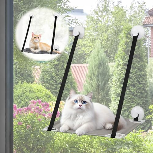 Cat Window Hammock, Window Mounted Basking Perch with 4 Upgraded Heavy-Duty Suction Cups, 22lbs Weight Capacity Cat Bed for Glass Windows, Space-Saving Sunny Lounge & All-Weather Sill Seat