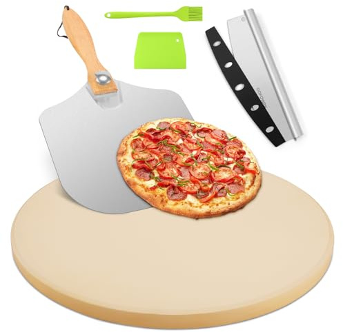 GOFOWRK Set di 5 pietre per pizza rotonde da 38,1 cm, per forno e griglia esterna, con pala per pizza in metallo e bilanciere per taglierina, teglia per pizza in pietra ispessita da 1,5 cm, pietra da